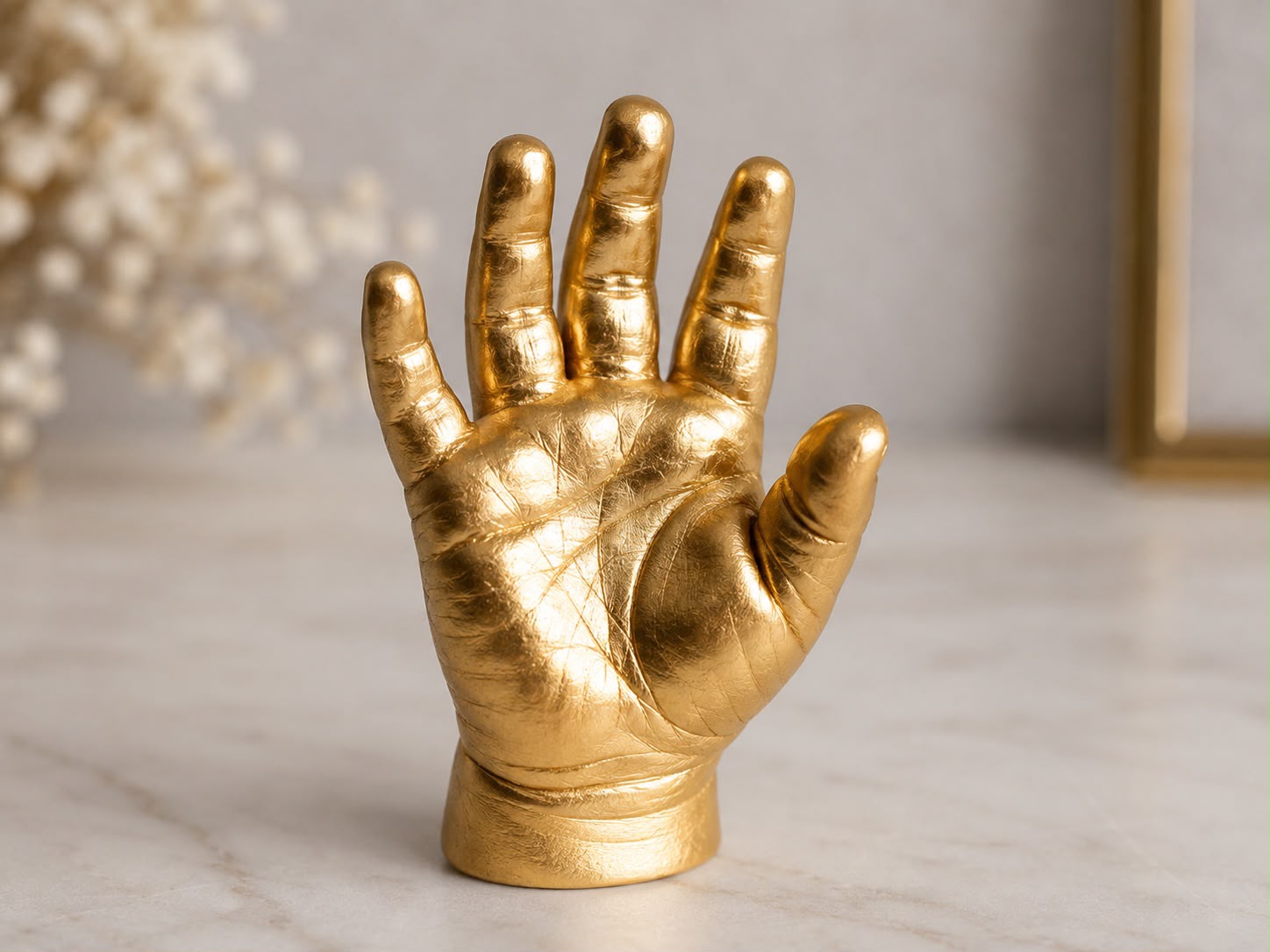 Een vrijstaande goudkleurige afdruk van een open hand, met zichtbare lijntjes in de handpalm